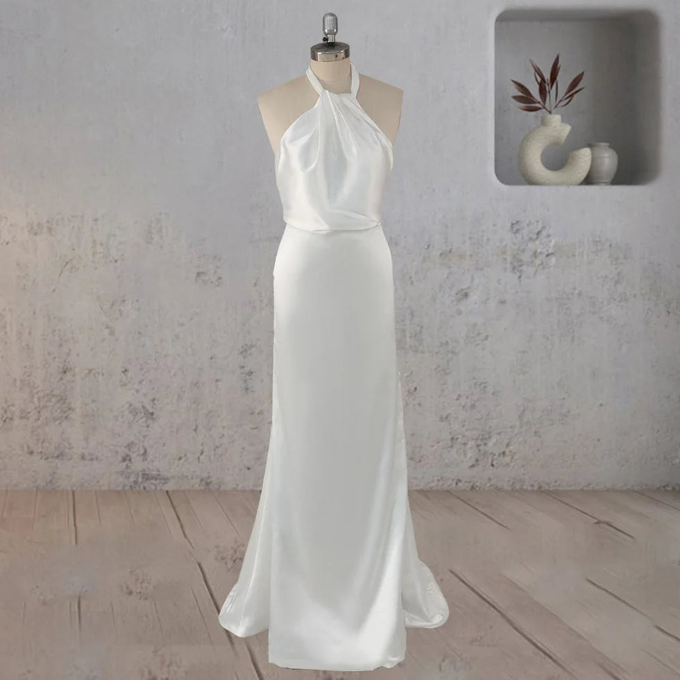 Simple Sheath Satin Backless Sleeveless Halter Neck Floor Length Wedding Dress With Streamer