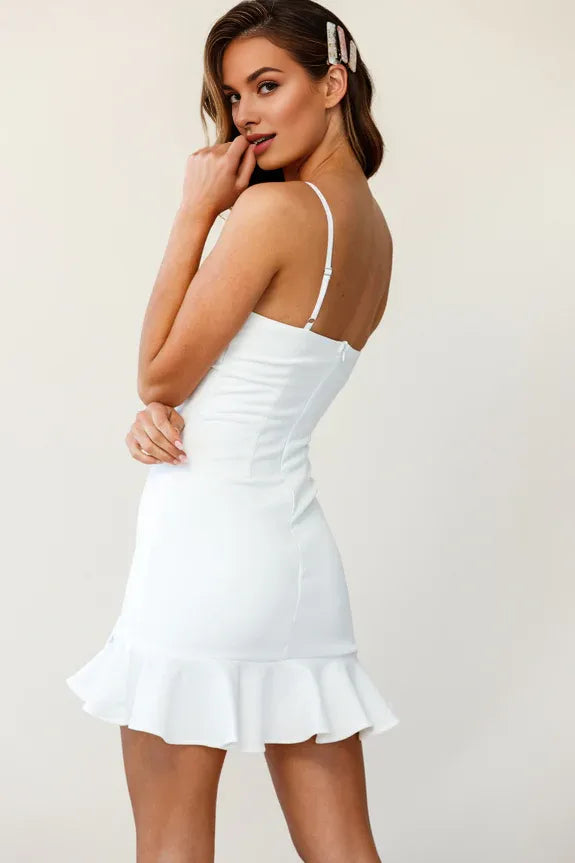 Simple Spaghetti Straps Bodycon Ruffle Hem White Mini Homecoming Dress