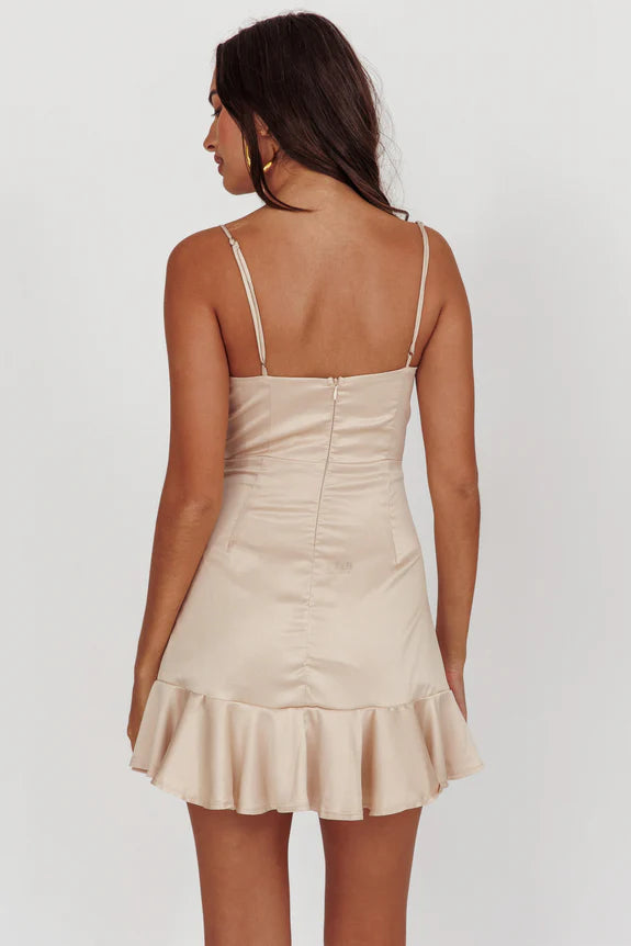 Simple Spaghetti Straps Ruffle Hem Champagne Mini Homecoming Dress