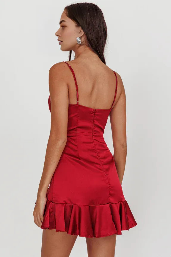 Simple Spaghetti Straps Ruffle Hem Cherry Mini Homecoming Dress