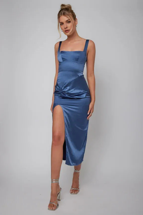 Simple Square Neck Knotted Waist Split Champagne Midi Evening Dress