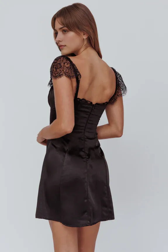 Simple Square Neck Lace Shoulder Satin Black Mini Homecoming Dress