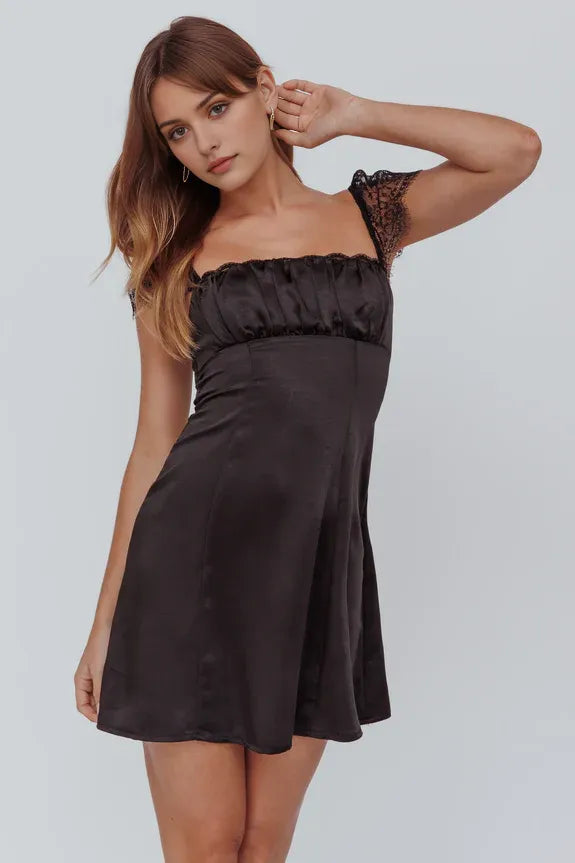Simple Square Neck Lace Shoulder Satin Black Mini Homecoming Dress