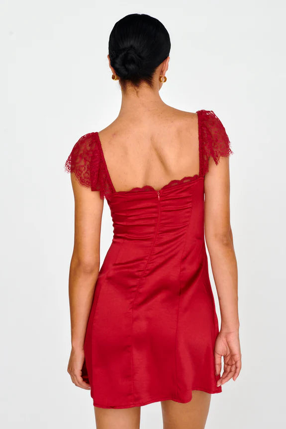Simple Square Neck Lace Shoulder Satin Red Mini Homecoming Dress