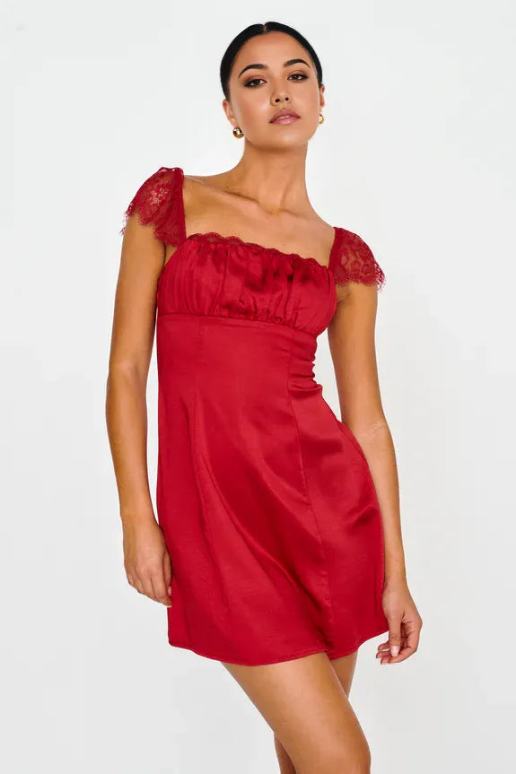 Simple Square Neck Lace Shoulder Satin Red Mini Homecoming Dress