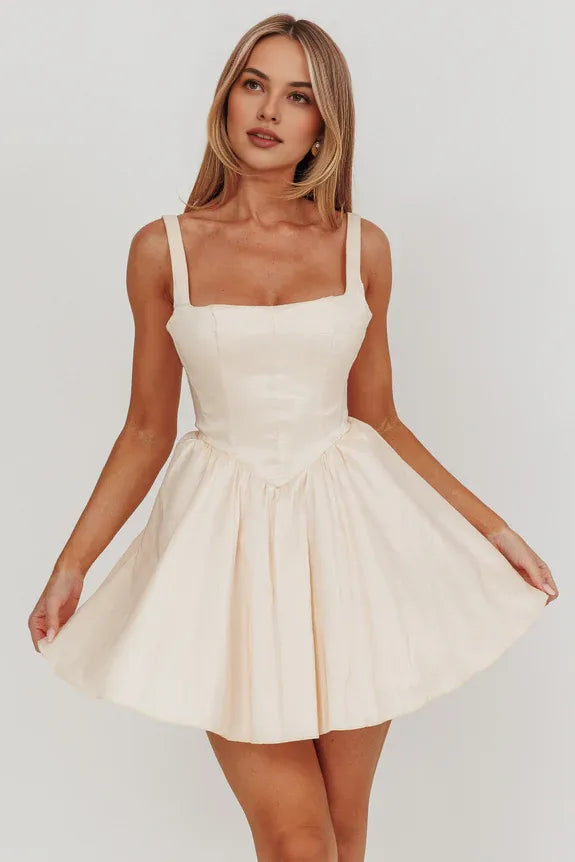 Simple Square Neck Sleeveless Flared Cream Mini Homecoming Dress For Ladies