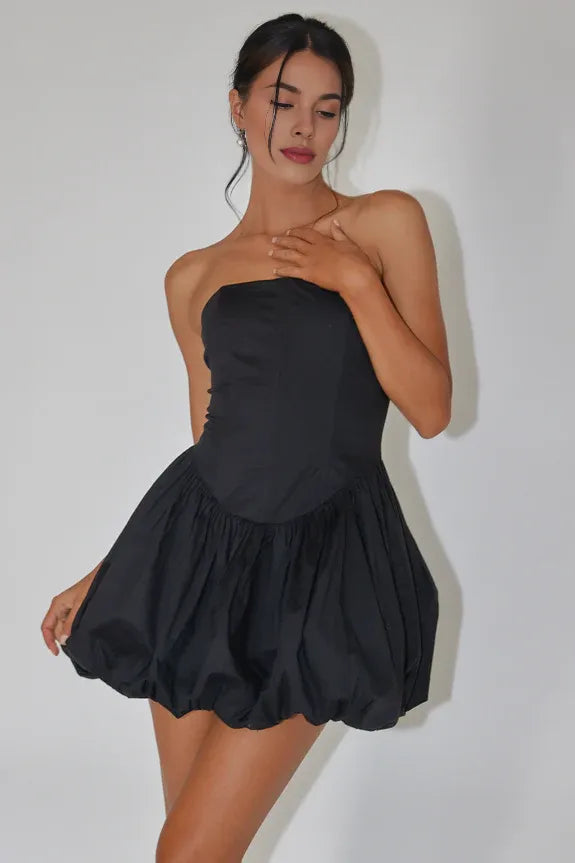 Simple Strapless Bubble Hem Black Mini Homecoming Dress For Ladies