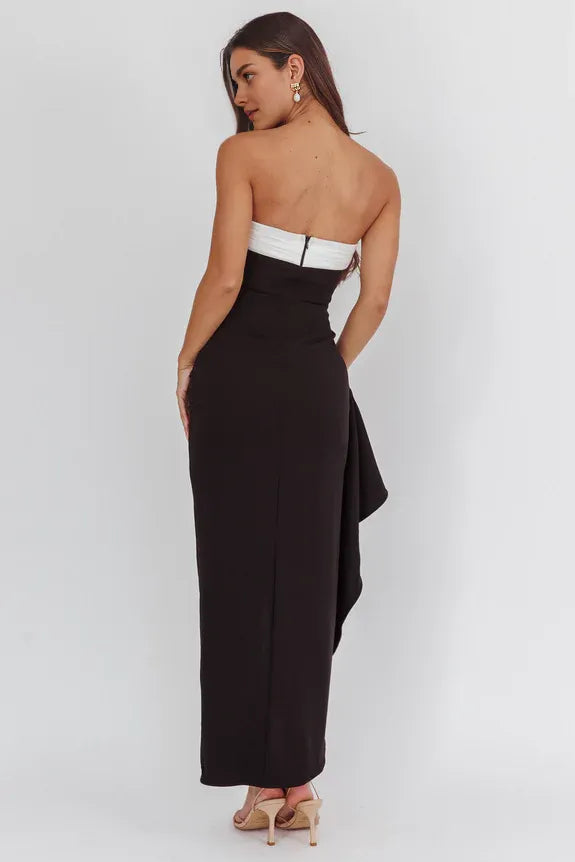 Simple Strapless Contrasting neck Thigh Split Black Maxi Prom Dress