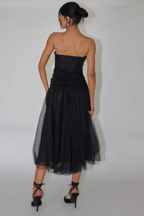 Simple Strapless Drop Waist Slit Tulle Black Midi Evening Dress Wedding Dress