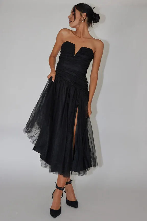 Simple Strapless Drop Waist Slit Tulle Black Midi Evening Dress Wedding Dress