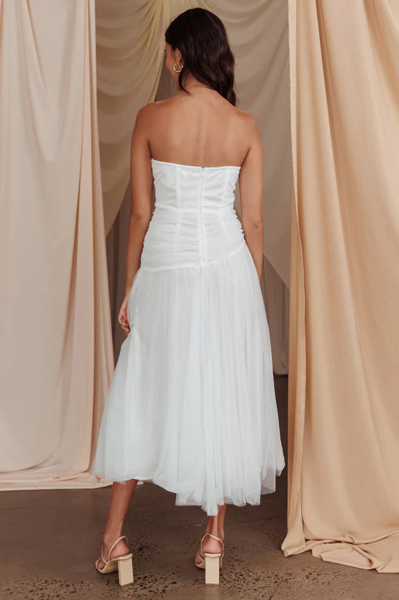Simple Strapless Drop Waist Slit Tulle White Midi Evening Dress Wedding Dress