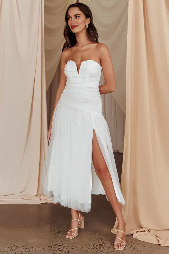 Simple Strapless Drop Waist Slit Tulle White Midi Evening Dress Wedding Dress