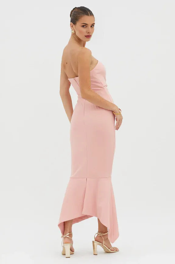 Simple Strapless Gathered Corset Blush Midi Evening Dress With Asymmetrical Hem