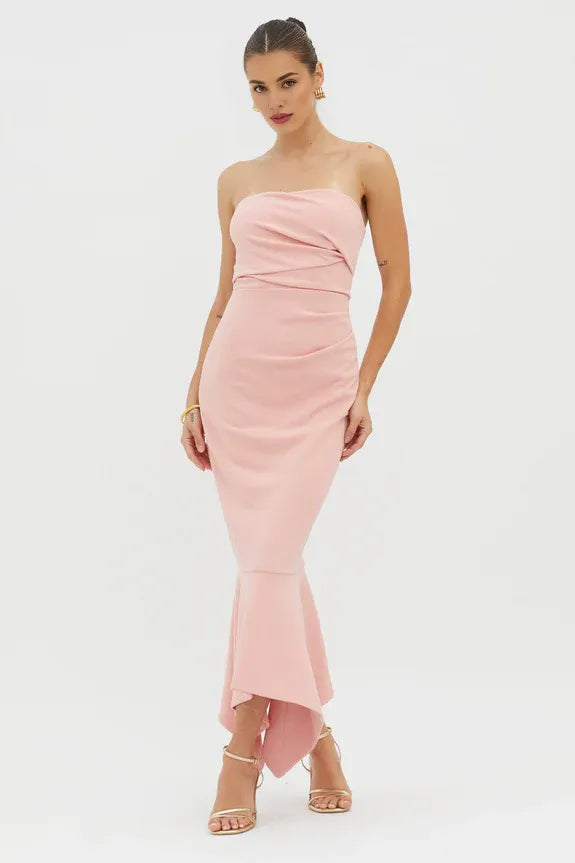 Simple Strapless Gathered Corset Blush Midi Evening Dress With Asymmetrical Hem