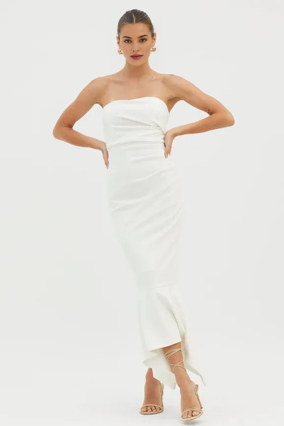 Simple Strapless Gathered Corset White Midi Evening Dress With Asymmetrical Hem