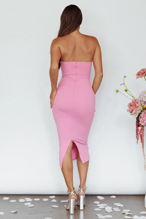 Simple Strapless Gathered Detail Pink Midi Evening Dress With Back Slit