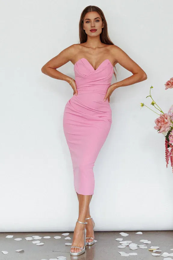 Simple Strapless Gathered Detail Pink Midi Evening Dress With Back Slit