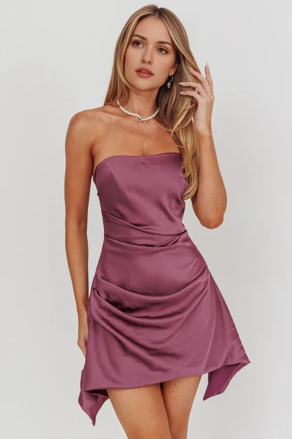 Simple Strapless Ruched Open Back Satin Plum Mini Homecoming Dress