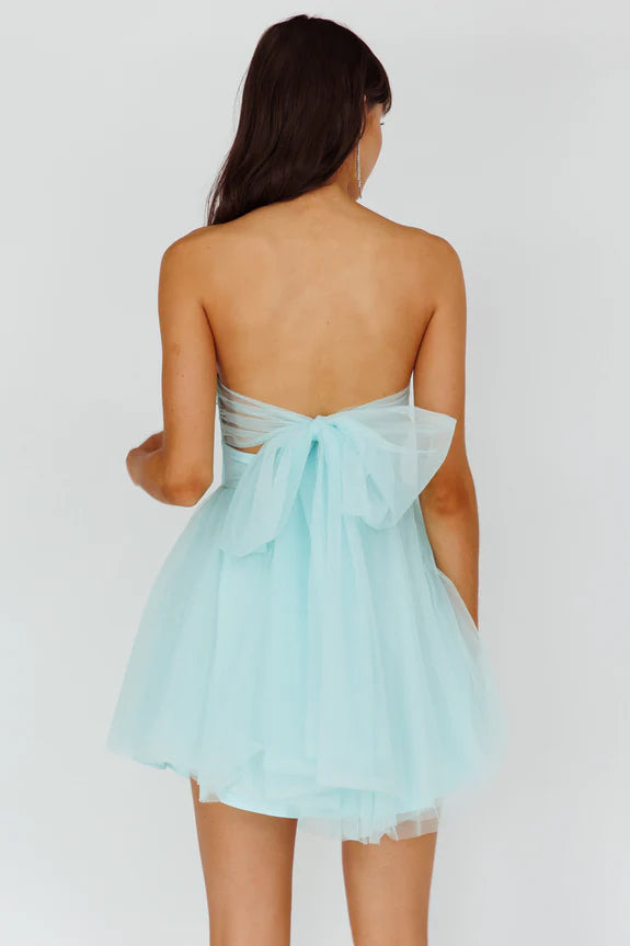 Simple Sweetheart Cut Out Tie Bow Back Mesh Mint Mini Homecoming Dress