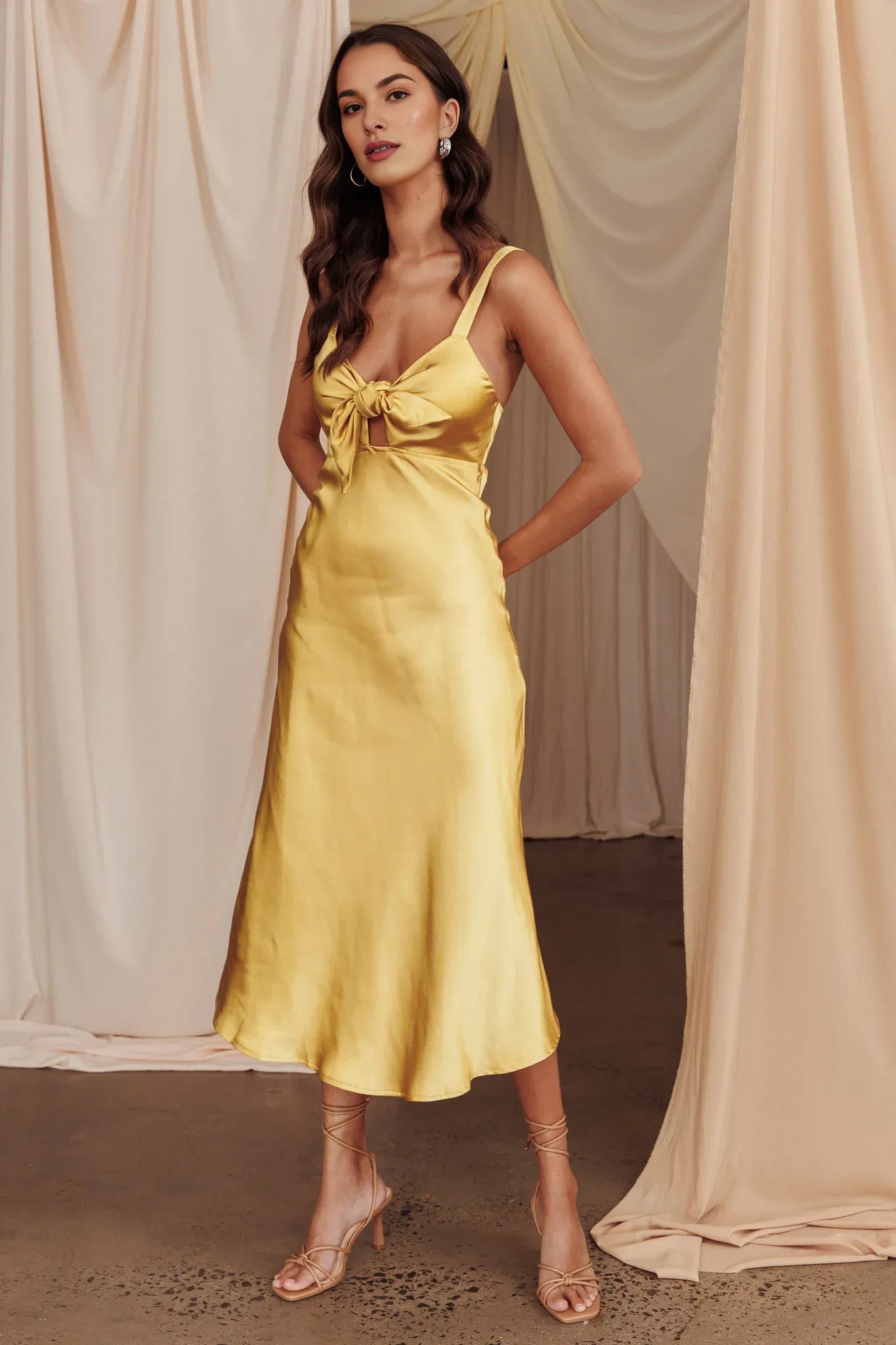 Simple V Neck Tie Keyhole Satin Mustard Midi Evening Dress