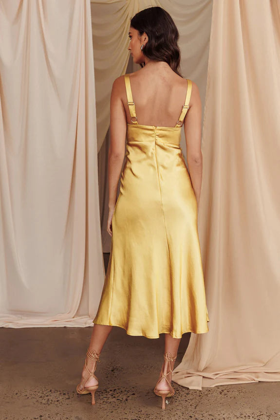 Simple V Neck Tie Keyhole Satin Mustard Midi Evening Dress