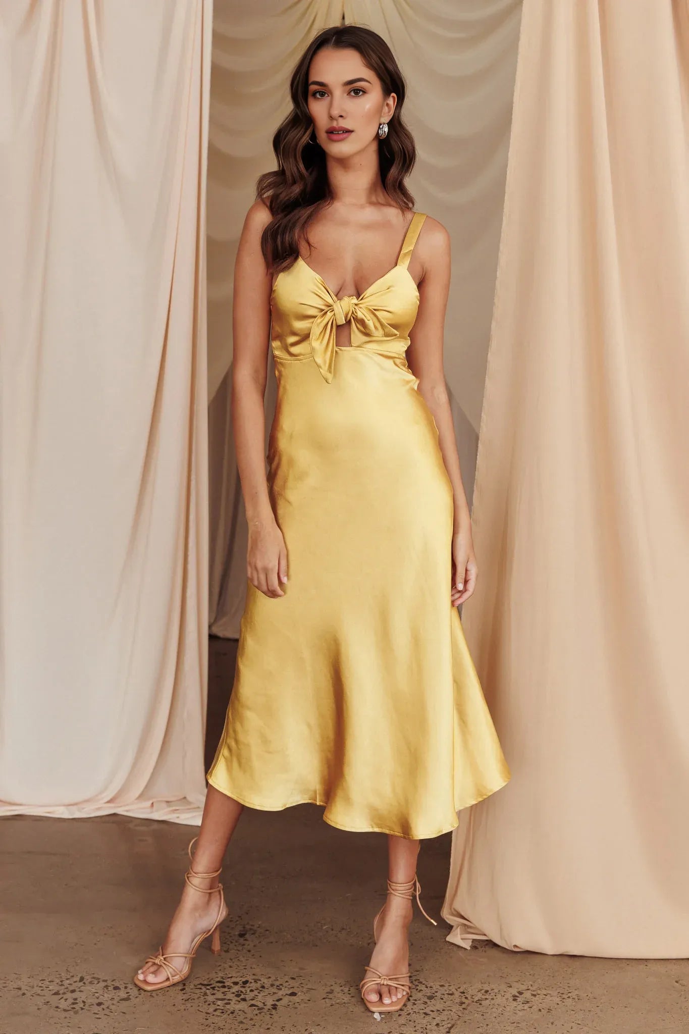 Simple V Neck Tie Keyhole Satin Mustard Midi Evening Dress