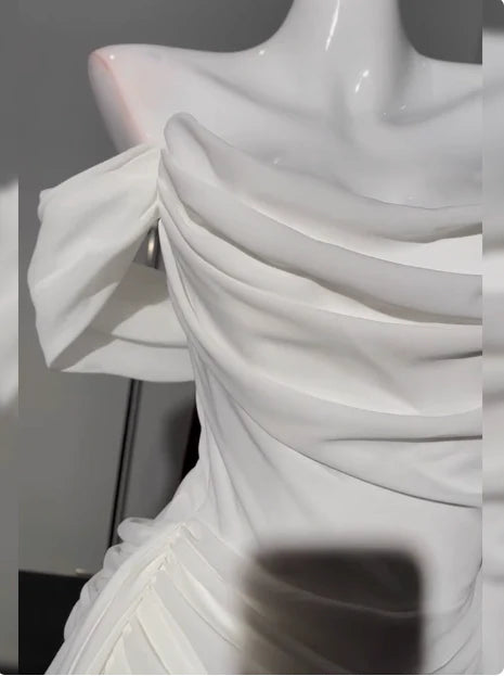 Simple White Chiffon Pleated Off The Shoulder Open Back Homecoming Dress With Streamer