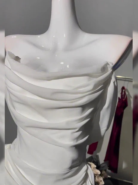 Simple White Chiffon Pleated Off The Shoulder Open Back Homecoming Dress With Streamer