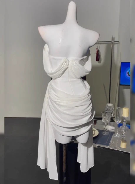 Simple White Chiffon Pleated Off The Shoulder Open Back Homecoming Dress With Streamer