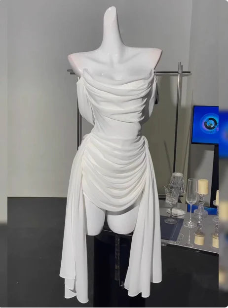 Simple White Chiffon Pleated Off The Shoulder Open Back Homecoming Dress With Streamer