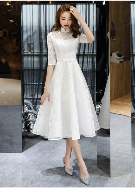 Simple White Lace High Neck Tea Length Short Sleeves Wedding Party Dress Homecoming Dress