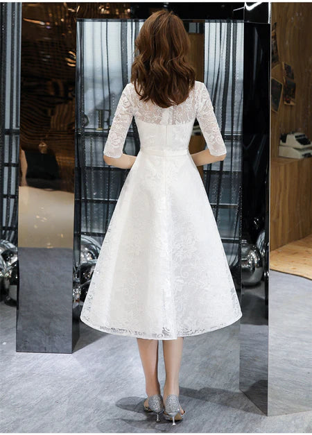 Simple White Lace High Neck Tea Length Short Sleeves Wedding Party Dress Homecoming Dress