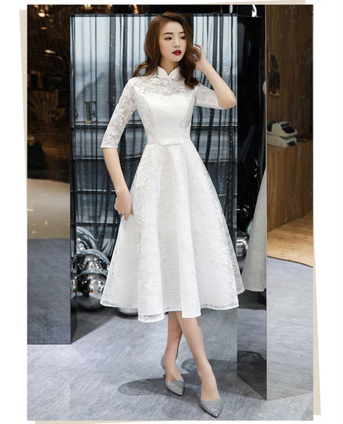 Simple White Lace High Neck Tea Length Short Sleeves Wedding Party Dress Homecoming Dress