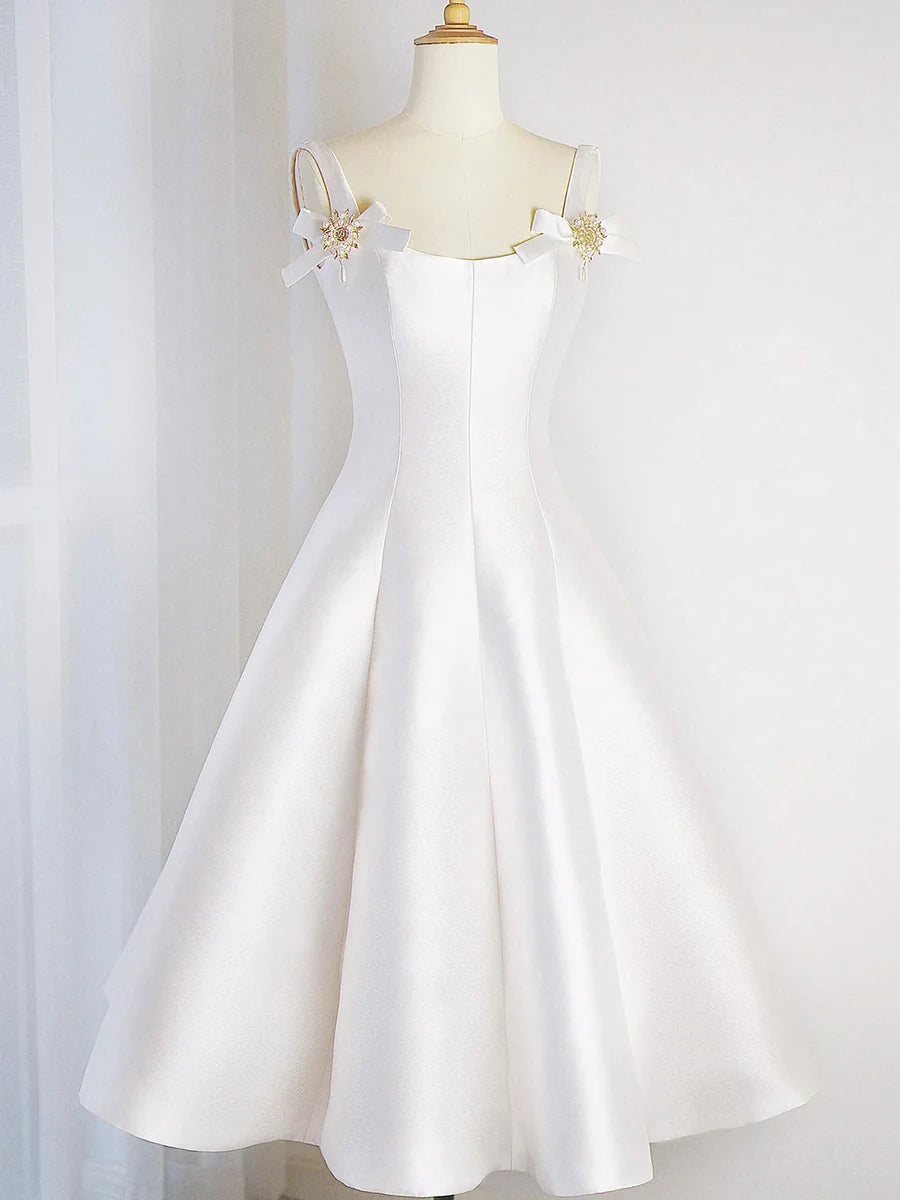 Simple White Satin With Beaded U-Neck Short Homecoming Dress A-Line Evening Party Dress