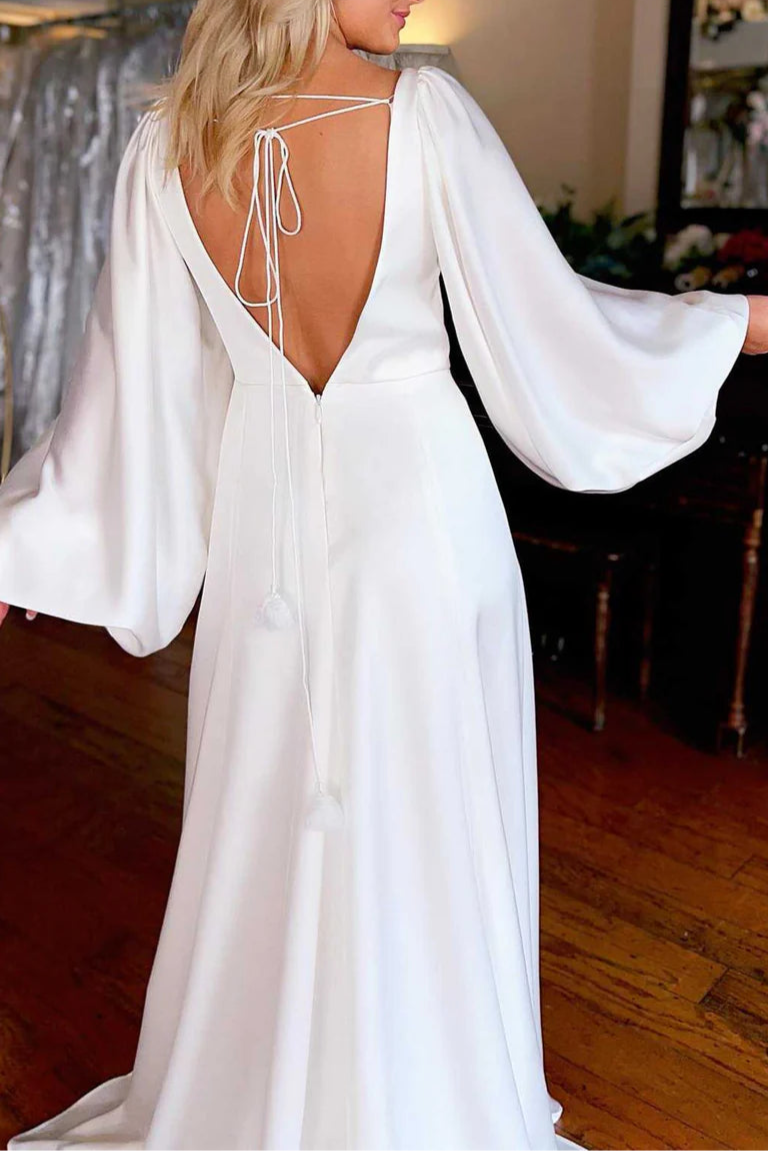Simple White V-Neck Long Sleeve Open Back Long Wedding Dress With Side Slit