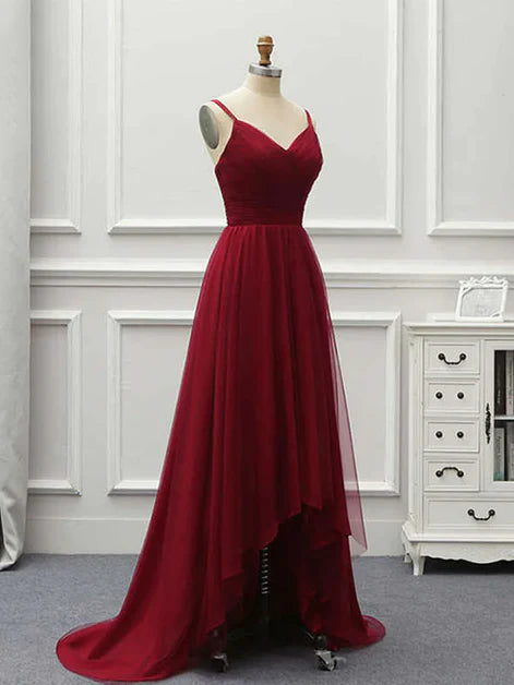 Simple Wine Red Tulle High Low Floor Length Prom Dress Homecoming Dress