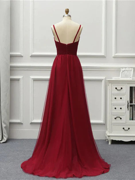 Simple Wine Red Tulle High Low Floor Length Prom Dress Homecoming Dress