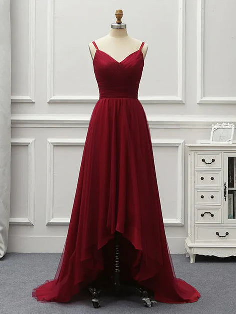Simple Wine Red Tulle High Low Floor Length Prom Dress Homecoming Dress