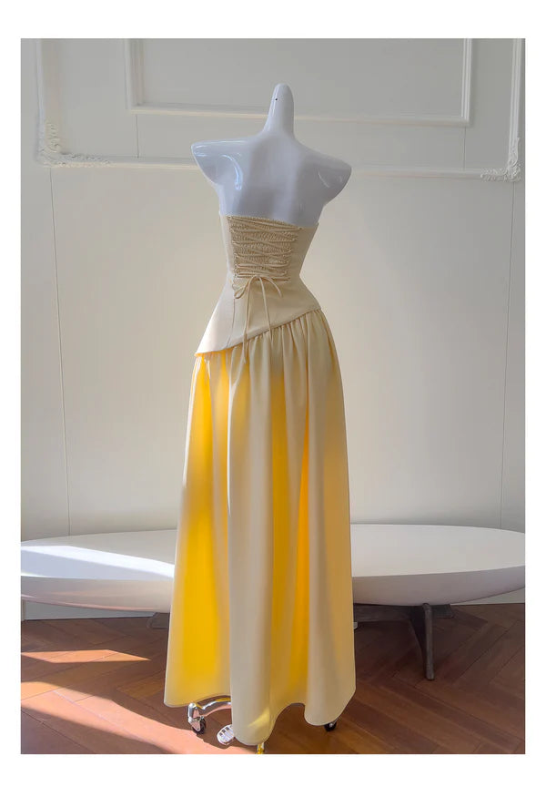Simple Yellow Chiffon A Line Strapless Sleeveless Long Prom Dresses Casual Yellow Party Dress