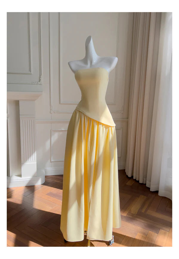 Simple Yellow Chiffon A Line Strapless Sleeveless Long Prom Dresses Casual Yellow Party Dress