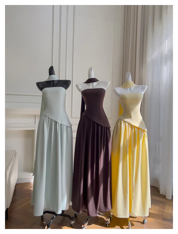 Simple Yellow Chiffon A Line Strapless Sleeveless Long Prom Dresses Casual Yellow Party Dress