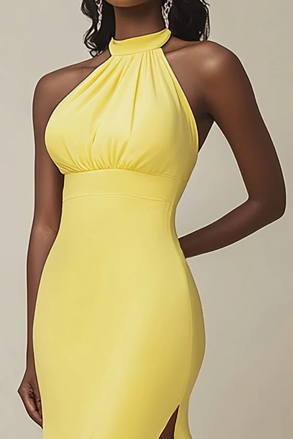 Simple Yellow Satin With Slit Halter Mermaid Long Evening Dress Yellow Satin Prom Dress