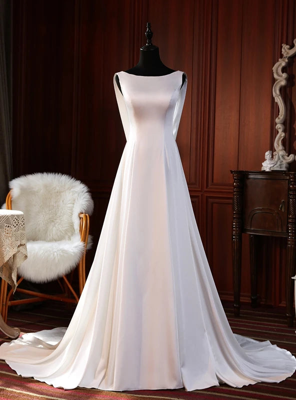Simple A-Line Boat Neck Draped Lace-Up Satin White Floor-Length Wedding Dress