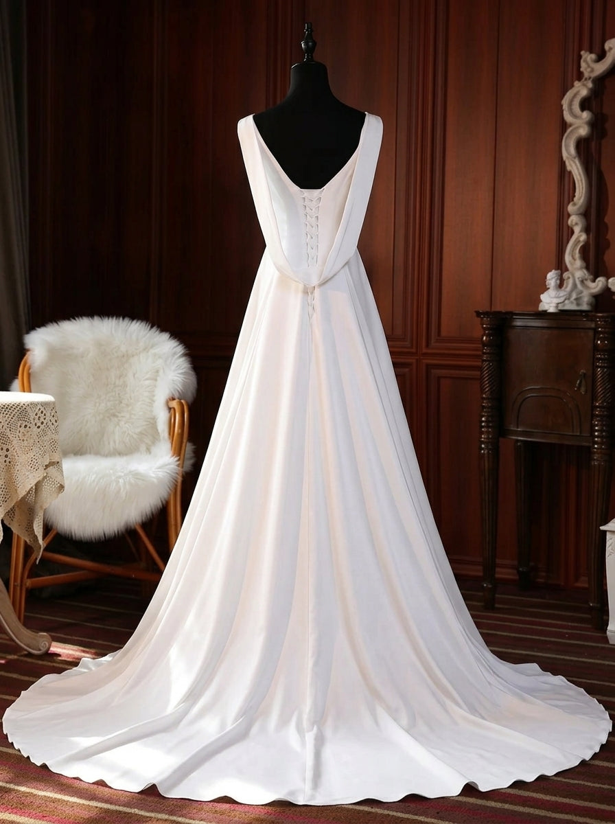 Simple A-Line Boat Neck Draped Lace-Up Satin White Floor-Length Wedding Dress