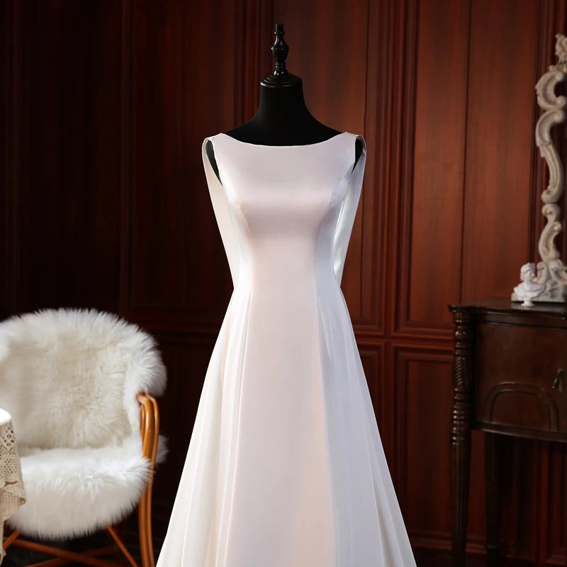 Simple A-Line Boat Neck Draped Lace-Up Satin White Floor-Length Wedding Dress