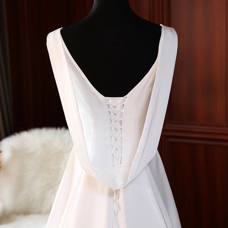 Simple A-Line Boat Neck Draped Lace-Up Satin White Floor-Length Wedding Dress