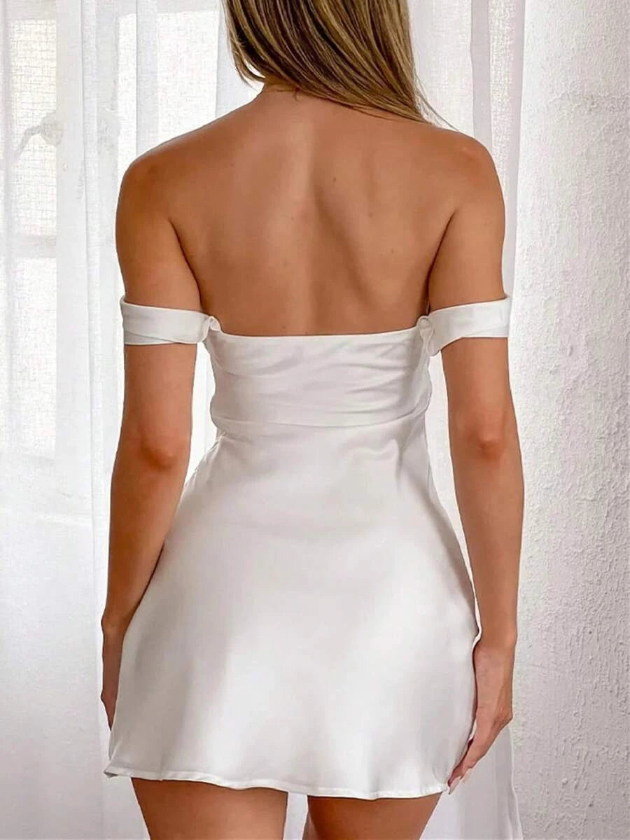 Simple A-Line Off-Shoulder Draped Ruched Satin White Mini Homecoming Dress