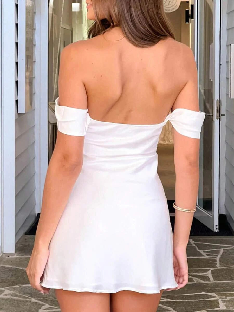 Simple A-Line Off-Shoulder Draped Ruched Satin White Mini Homecoming Dress