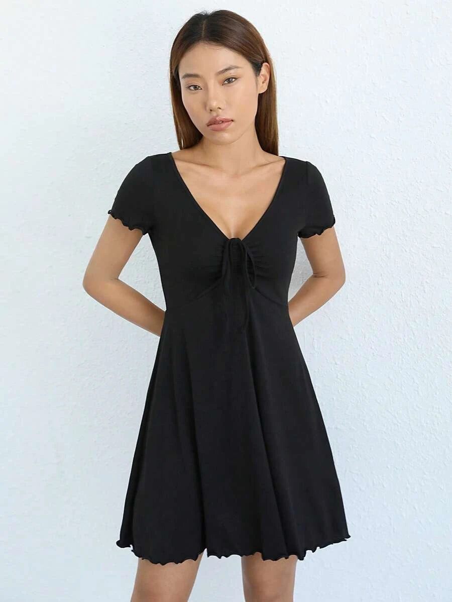 Simple A-Line V-Neck Short Sleeve Tie-Front Black Mini Homecoming Dress