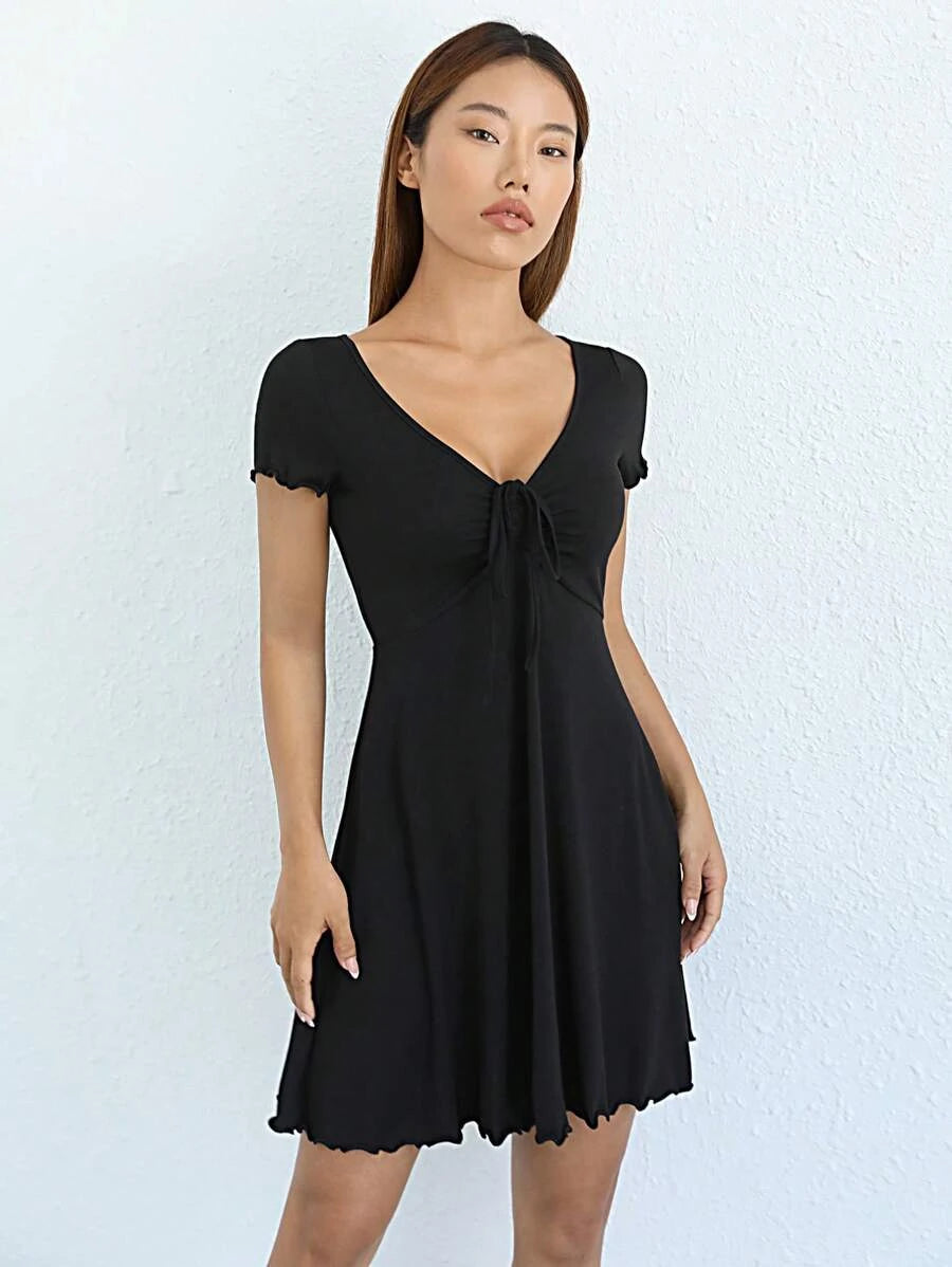 Simple A-Line V-Neck Short Sleeve Tie-Front Black Mini Homecoming Dress